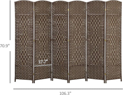 HOMCOM 6 Panel Room Divider, 6' Tall Folding Privacy Screen, Hand-Woven Freestanding Wall Partition for Home Office, Bedroom, Brown