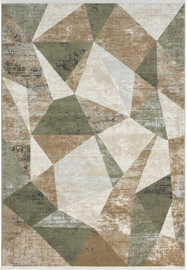 Abani Savoy Collection Area Rug - Green and Cream Geometric Design - 4'x6' - Easy to Clean - Durable for Kids and Pets - Non-Shedding - Medium Pile - Soft Feel - for Living Room, Bedroom, and Office