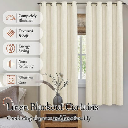 Cream 100% Blackout Curtains for Living Room 72 Inch Length 2 Panels Set, Thermal Insulated Light Blocking Faux Linen Curtains for Bedroom, Bronze Grommet Boho Window Drape Each 52" Wide