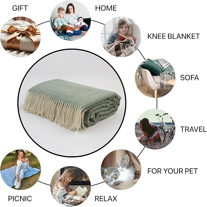 | Wool Blanket/Throw | 100% New Zealand Wool | Perfect for Home and Outdoors | Virgin Wool Throw with Fringes 67"x79" (170 x 200 cm)