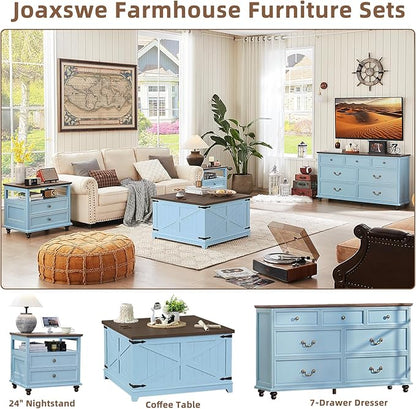 24" Wide Farmhouse Nightstand with Charging Station Set of 2, 45" Tall Rustic Chests of 5 Drawers w/ 4 Solid Wood Feet, Farmhouse Furniture Series for Living Room,Bedroom,LightBlue