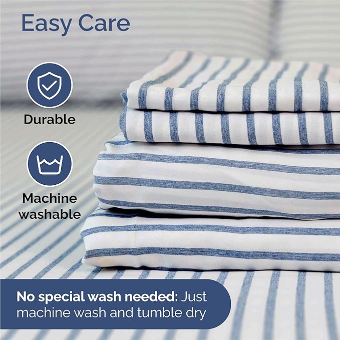 Split King 7 Piece Sheet Set - Cooling & Breathable - Hotel Luxury Bedding Includes Fitted Sheets for Women, Men, Kids & Teens - 1 Flat, 2 Fitted Sheets, 4 Pillowcases w/Deep Pockets - Blue Stripes