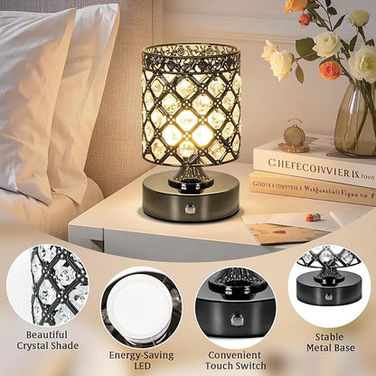 TOBUSA Black Rechargeable Cordless Table Lamp, Portable 6000mAh Crystal Battery Operated Lamp 3000K-4500K-6000K, Stepless Dimmable Bedside Touch Small Desk Lamp, Modern Industrial LED Night Light