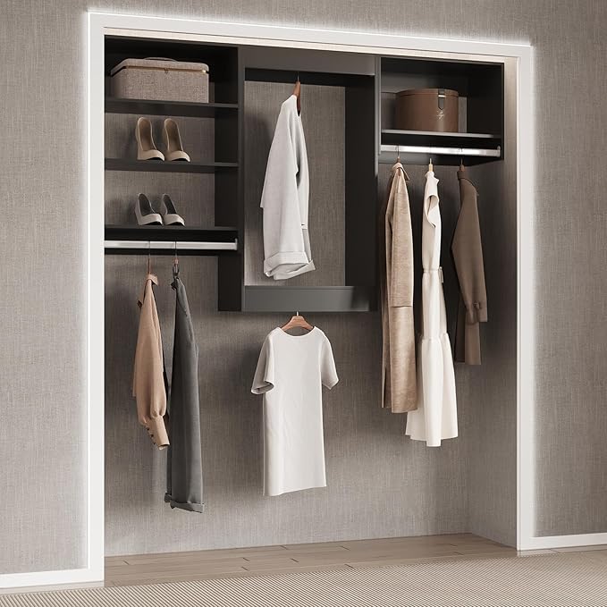 Tall Hanging Closet Unit, Modular Closet System, Wood Closet System Organizer with Storage for Walk In Closets, Clothing Rack Wardrobe Closet for Hanging Clothes, Bedroom, Black, 31.5"W