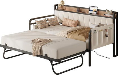 LIKIMIO Daybed with Trundle Bed, Twin XL Bed Frame with Storage Headboard and Charging Station, Sofa Day Bed with Strong Supports for Living Room, Bedroom, and Guest Room, Beige