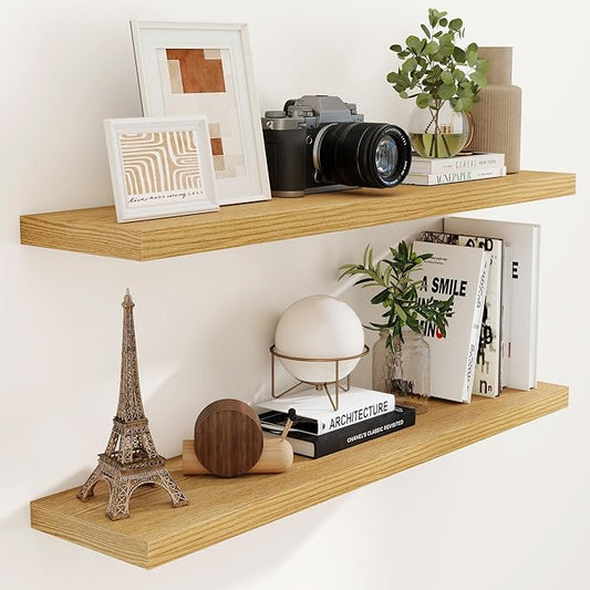 Fun Memories Floating Shelves for Wall, 48 x 9.3 Large Floating Shelf Wall Mounted Set of 2, Rustic Wood Shelves for Bathroom, Kitchen, Living, Heavy-Duty Storage Deep Shelf for Books, Decor, Oak