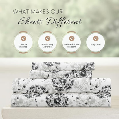 Linen Market Double-Brushed Patterned Microfiber Full Sheet Set 4 Piece – Oeko-TEX Certified Ultra Soft & Wrinkle-Free - 16" Deep Pocket Sheets - Easy Care Full Size - Make a Wish Light Gray