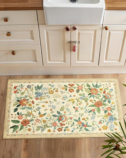 Amada 2x3 Washable Area Rug, Non-Slip & Low-Profile Entryway Rug with Reinforced Edge Binding, Boho Floral Pattern, Soft Small Rugs for Entryway, Kitchen, Living Room