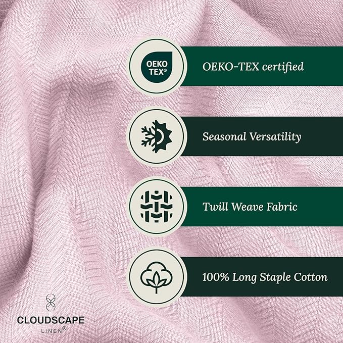 Cloud Scape Linen 100% Cotton Blanket 92x92 Seashell Pink - Cozy Herringbone Weave, Fits Up to for Full Size Beds, Breathable Softness, All-Season Warmth, Winter Blanket, for Women