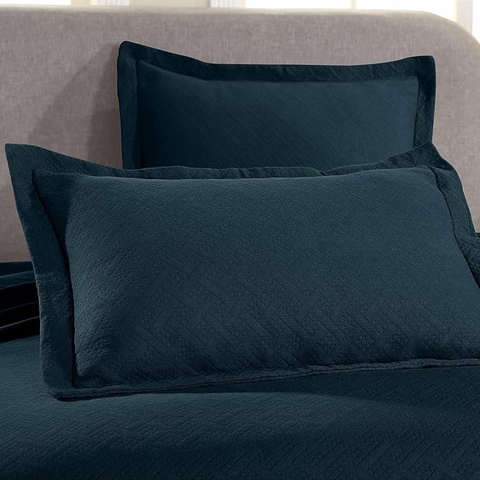 Superior 2 Piece Basketweave Cotton Bedspread Set, Home Bed Decor, Decorative Bed Spread, 1 Pillow Sham, Medium Weight Blanket, Matelasse Coverlet Bedding, Geometric Lattice Pattern, Twin, Deep Sea