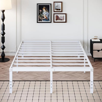 18 Inch White Full Size Bed Frame Heavy Duty Metal Platform No Box Spring Needed, Maximum Storage, Easy Assembly, Noise Free