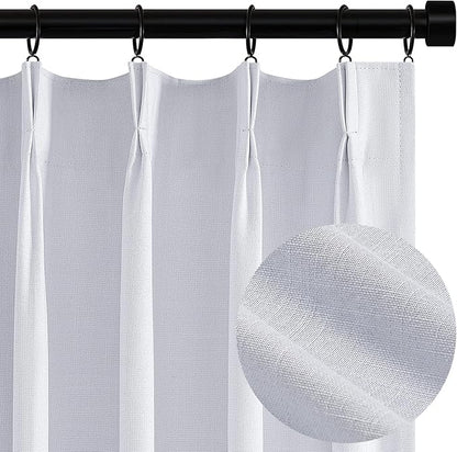 Topfinel White 100% Blackout Curtains 84 Inch Long 2 Panels Set, Pinch Pleat Flax Linen Room Darkening Sound Block Drapes with Hooks Rings for Track System Bedroom Living Room