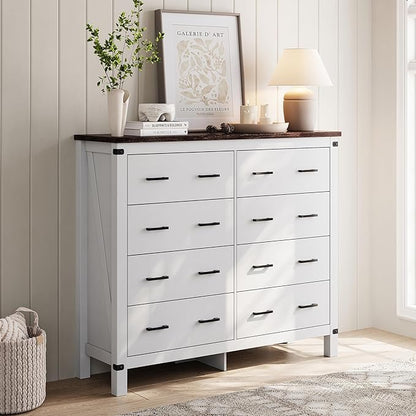LINSY HOME Farmhouse 8 Drawer Double Dresser for Bedroom, 50” Wide Rustic Wood Chest with Deep Drawers, Modern Dressers with Storage and Metal Handles for Closet, Living Room, Hallway, Off White