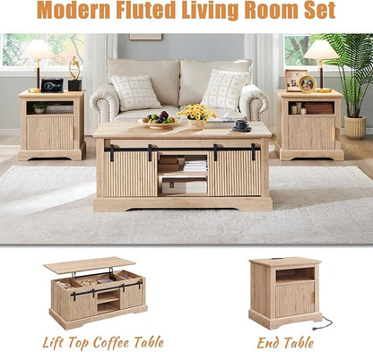 22" Large Fluted Nightstand with Charging Station, Modern End Table, Wood Side Table w/Open Shelf & Spacious Tabletop, Bedside Table with Storage Space for Bedroom, Living Room-Natural
