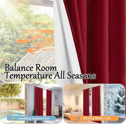 Linen Blackout Curtains for Christmas 72 Inch Long, 100% Black Out Red Thermal Curtains for Bedroom Winter Decor, Thick Heavy Insulated Window Drapery for Nursery, Each 52x72 Inch 2 Panels