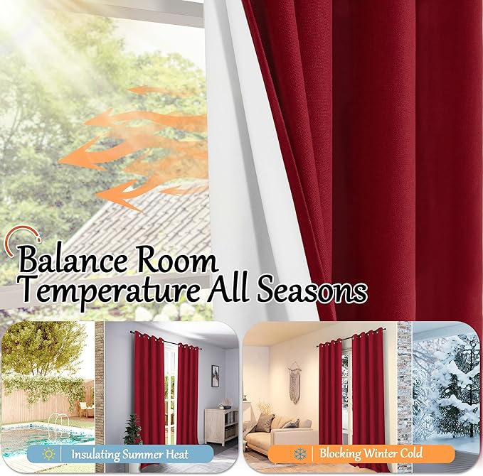 Red 100% Linen Blackout Curtains for Winter Christmas Decor 95 Inch Long 52 Wide, Extra Long Thermal Insulated Light Blocking Linen Curtains, Window Drape Each 52x95 Inch 2 Panels
