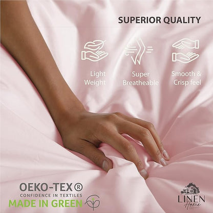 Linen Home 100% Cotton Percale Sheets California King Size, English Rose, Deep Pocket, 4 Pieces Set - 1 Flat, 1 Deep Pocket Fitted Sheet and 2 Pillowcases, Crisp Cool and Strong Bed Linen