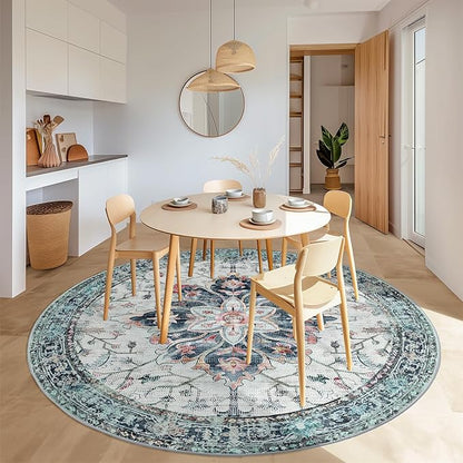 Area Rugs 7ft Washable Non-Slip, Floral Vintage Distress Print Pattern Medallion Carpet for Living Room Bedroom Dining Room, Green Navy Blue White Red Teal Colorful