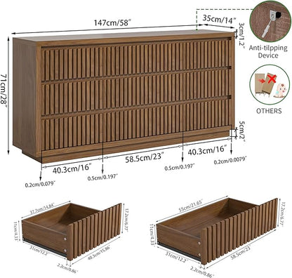 Fluted Long 9 Drawer Dresser, Large Mid Century Dresser for Bedroom, 58" Wide Vintage Chest of Drawers, Wood Closet Clothes Organizer, Walnut TV Stand for Living Room, Wooden, Brown