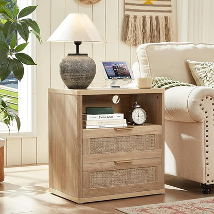 LEYAOYAO Rattan Dresser and Nightstand Set of 3, Boho Wood Dresser for Bedroom with 6 Drawers and Night Stand with Charging Station, Bedroom Furniture, Dressers & Chests of Drawers,Hallway,Living Room