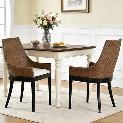 DUHOME Natural Rattan Accent Chair, Tropical Coastal Herringbone Weave Solid Wood Frame Armchair with Cream Upholstered Cushion & Black Tapered Legs, Ergonomic Comfort for Living Room Reading Nook