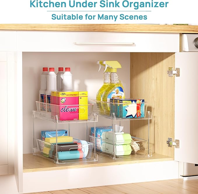 Vtopmart 4 Pack Bathroom Organizer, 2 Tier Clear Under Sink Organizers Vanity Countertop Storage Container,Cabinet Drawers Bins, Pull-Out Organization with Track for Pantry, Kitchen