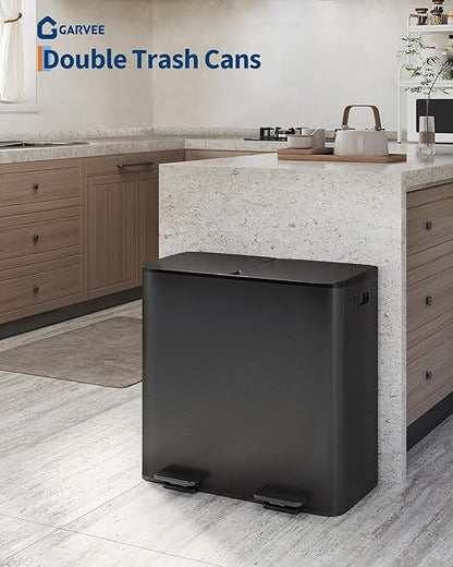GarveeHome 2 x 10.6 gal (2 x 40 L) Double Kitchen Trash Can, Stainless Steel Large Trash Can w/Soft-Close Lid & Recycle Bin Combo, Step-on Metal Garbage Cans, PP Inner Buckets, Liner Rim, Black