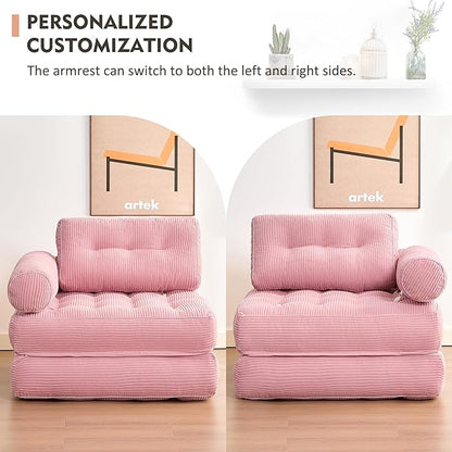 Plus Futon Sofa Bed for Small Spaces, Floor Couch with Armrest, Folding Sofa Couch, Convertible Sleeper Chair Bed with Pillow, Portable Comfy Floor Lounge for Living Room and Bedroom, Pink