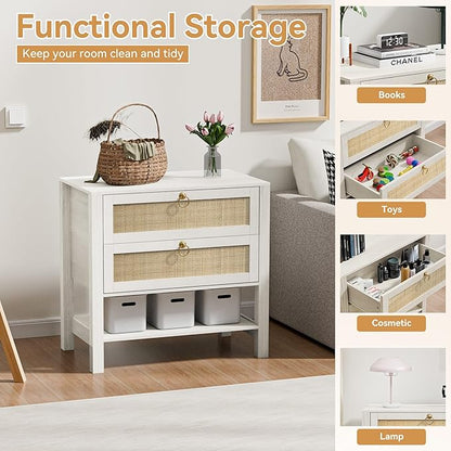White Night Stand Set of 2 with 2 Drawers and Storage Shelf, 26” Tall Boho Nightstand, Wood Large Bedside Table for Bedroom, Side Table, White