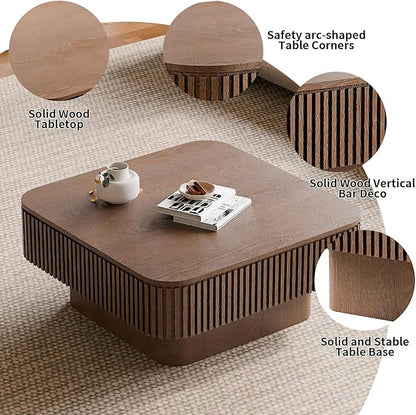 LKTART Coffee Table for Living Room, Accent Fluted Square Coffee Table with Hidden Storage, Modern Solid Wood Veneered Circle Center Tea Table for Small Space Apartment (31.5''D×14''H-Walnut)