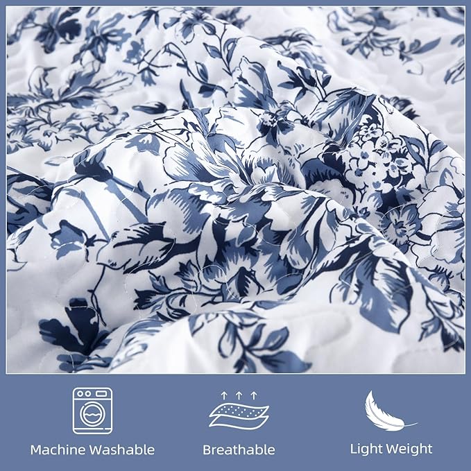 WONGS BEDDING Quilt King Size, Blue Quilt Bedding Set with 2 Pillowcases, Botanical Quilt for King Bed, Soft Microfiber Lightweight Coverlet Bedspread for All Season (110"×90", 3 Pieces)