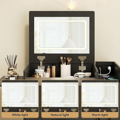 3 in 1 Vanity Desk with Flip Top Mirror, LED Lights, Side Cabinet,Collapsible Desk Panel, Hidden Stool with Storage, Small Makeup Vanity Table with Power Outlets, Compact Vanity, Black PT01DTB