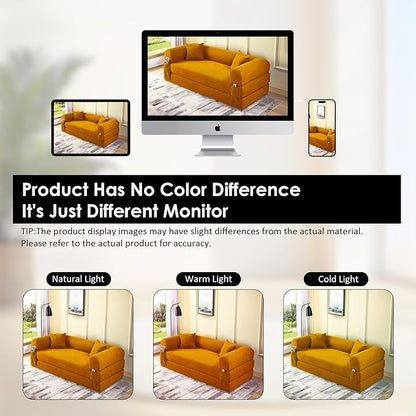 80" Convertible Sofa Bed, 3-in-1 Corduroy Folding Pull Out Couch with Pillows, No Assembly Modern Boneless Couch Compression Sofa in Box, Floor Sofa with Side Storage Pocket for Living Room, Yellow