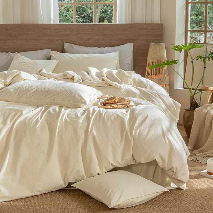 MooMee Wavy Striped Duvet Cover Set 100% Washed Cotton Linen Like Textured Breathable Durable Soft Comfy (Cream White, Palatial King/Oversized King 120"x98")