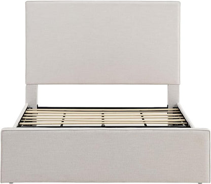King Size Upholstered Bed Frame, 52" High Headboard Wingback Bedframes, Lucas Tall Headboard Floor Platform Beds, No Box Spring Needed/No Noise/Minimalist, Textured Lvory Canvas Chenille