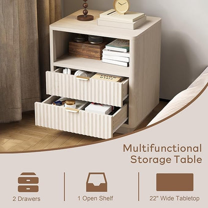 Fluted Nightstands Set of 2 - Nightstand with 2 Drawers & Open Shelves, 22" Wide Large Bedside Stand Modern Storage Wooden Side Tables for Bedroom (Oak White)