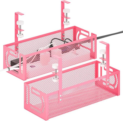 Under Desk Cable Management Tray, 15.7'' No Drill Steel Desk Cable Organizers, Wire Management Tray Cable Management Rack (2 Pack-Pink)