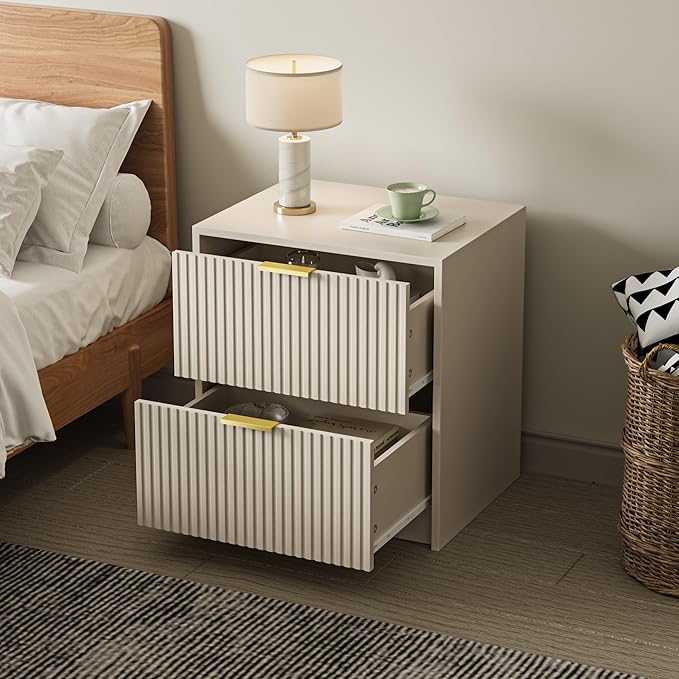 3-Piece Dresser Bedroom Set, 8 Drawer Dresser & 2 Drawer Nightstands with Gold Handles, Fluted Wood Chest of Drawers for Bedroom, Living Room, Entryway, Beige