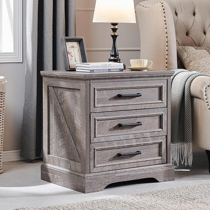 ACCOHOHO Farmhouse Nightstand with Charging Station, 22 Inch Wide End Table with 3 Large Drawers & Bar Handles, Rustic Wood Small Dresser Chest of Drawers for Bedroom, Living Room, Closet, Grey