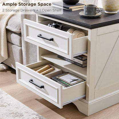 ACCOHOHO 24" Farmhouse Nightstand Set of 2 with Charging Station, 2 Drawers Large Bedside Table with Open Shelf, Rustic End Table for Bedroom - White