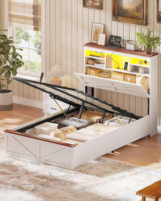 AOGLLATI Farmhouse Twin Bed Frame with Lift Up Storage & Hidden Bookcase Storage Headbord, Wood Bed Frame Twin with Charging Station, Led Lights, No Box Spring Needed, Antique White