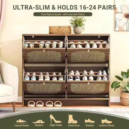 Nicetree Rattan Arched Accent Shoe Storage Cabinet - Freestanding Ultra Slim for Entryway, 4 Flip Drawers & 3-Tier Adjustable Shelves, Farmhouse Modern Rustic Shoe Rack for Hallway, Foyer, Living Room