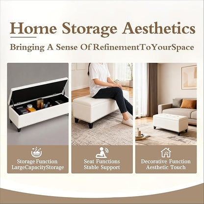 47.5“ Storage Ottoman Bench, Upholstered Button-Tufted End of Bed Bench with Soft-Close Hinge & Solid Wood Legs, Foot Rest for Living Room, Bedroom, Hallway (Linen, White)