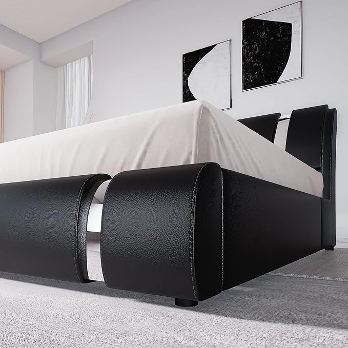 Allewie King Size Bed Frame with Iron Piece Decor, Faux Leather Upholstered Platform Bed with Curved Adjustable Headboard, Wooden Slats Support, No Box Spring Needed, Modern Black