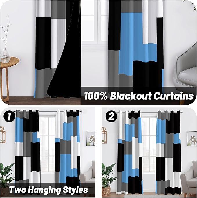 Light Blue 100% Blackout Curtains for Bedroom 84 inch Length 2 Panels Set White Grey Modern Abstract Geometric Black Out Curtains Insulated Room Darkening Window Drapes for Living Room, 52Wx84L