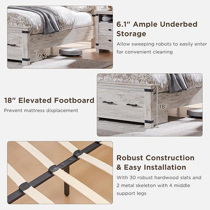 T4TREAM Farmhouse King Size Bed Frame with 54" Tall Geometric Headboard & 2 Large Storage Drawers, Rustic Wood Platform Bed with Wood Slats Support, No Box Spring Needed, Antique Brushed White