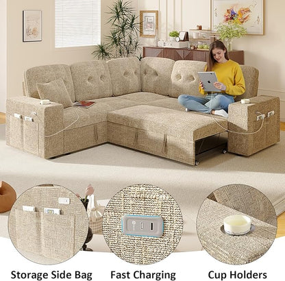 Modular Sectional Sleeper Sofa with Pull Out Bed, L Shaped 5 Seat Sectional Couches for Living Room, 84 Inch Sofa Bed with Adjustable Backrest | Hidden Storage | Wide Armrest | Khaki
