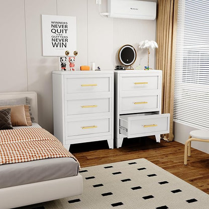 Metal Small Dresser for Bedroom, White Dressers & Chest of Drawers, 3 Drawer Dresser with Curved Corner, Storage Cabinet for Living Room, Entryway, Home Office (White, 24" W)