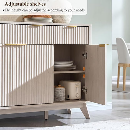 T4TREAM Large Buffet Sideboard Cabinet with Storages, 60" Fluted Modern Buffet Table Coffee Bar Wine Bar Storage Cabinet with 3 Drawers & 4 Doors for Dining Room, Living Room, Hallway(White Alder)