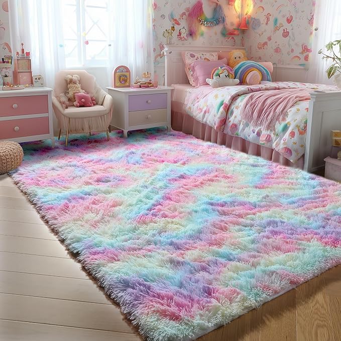 PAGISOFE Fluffy Soft Plush Washable Area Rugs for Girls Bedroom Shaggy Rugs for Kids Playroom Kawaii Princess Fuzzy Nursery Rug for Baby's Toddler's Room Cute Room Decor for Teenage 5x8 Ft Rainbow